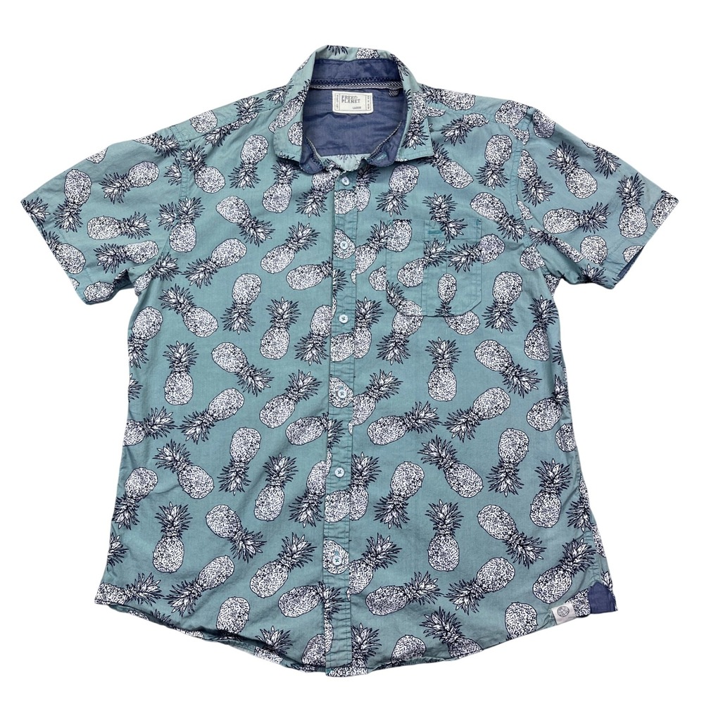 Free‎ Planet Mens Large Pineapple Print Short Sleeve Button Up Casual Shirt